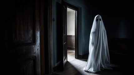 Halloween ghost in spooky empty house, dark mysterious background. AI generated.