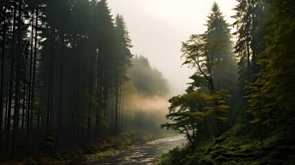 River in the forest, misty morning in the forest, AI generative