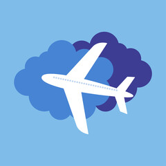Vector illustration of an airplane in the sky with clouds.
