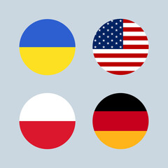 Round flags of Ukraine, America, Germany and Poland. Vector illustrations of national symbols.