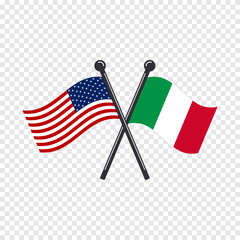 Crossed flags of United States of America and Italy. Vector illustration of national symbols. - obrazy, fototapety, plakaty