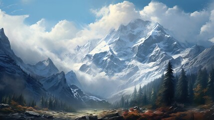 Illustration of a snowy mountain top, natural environment. Created with Generative Ai technology.