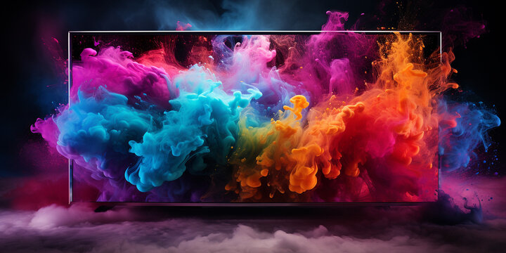 Fototapeta TV Fernseher mit gigantischer Holi Farben Explosion als Präsentation, ai generativ