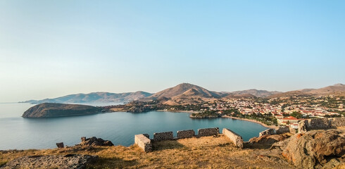 Fototapeta na wymiar Panoramic view from Byzantine Medieval Castle of Myrina in Lemnos or Limnos Greek island northern Aegean Sea