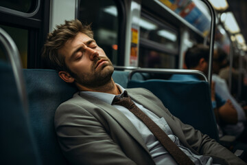 Tired employee sleeping on the subway. The concept of overwork and lack of time
