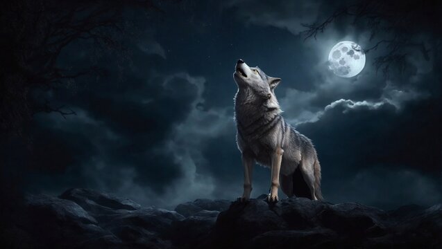 A wolf on mountains is howling at the dark night,moon is shining