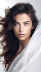 Beautiful female model posing in a beauty skin care advert looking young and healthy in a pure face portrait