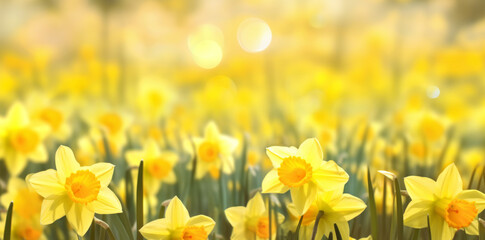 Obraz premium Yellow daffodils in front of a light background. Bokeh panorama
