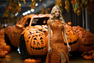 European woman in an openwork dress  on Pumpkin Carving car background - obrazy, fototapety, plakaty