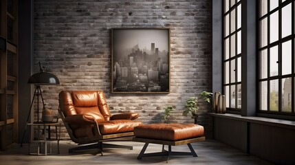 With a vertical poster on a brick wall in between two black metal windows, the sketch is transformed into a real loft environment. The leather armchair is in the room alongside a coffee Generative AI