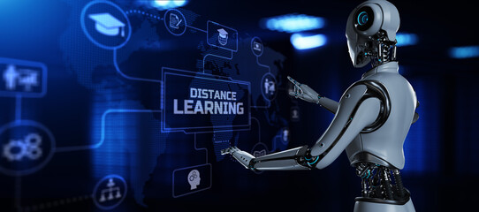 DIstance online learning e-learning automation. 3d render robot pressing virtual button.