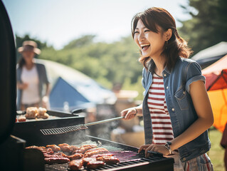 Beautiful smiling Japanese woman barbecuing at a campground on a bright summer afternoon, motion shot, side view,Generative AI
