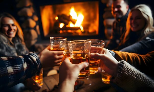 A Group Of People Making A Toast In Front Of A Fireplace