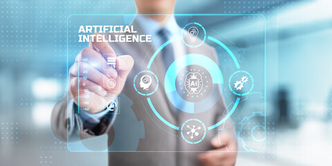 AI Artificial intelligence Neural network Machine learning modern technology concept. Businessman pressing button on screen.