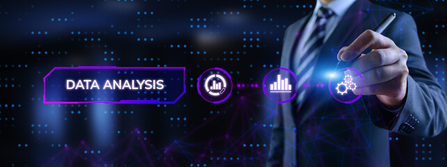 Businessman pressing virtual button data analysis text on screen.