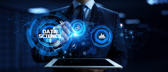 Data science analytics concept. Businessman pressing button on screen.