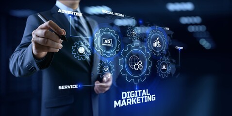 DIgital marketing online internet SEO SEM SMM. Businessman pressing button on screen.