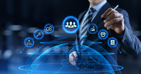 HR Human resources management Recruitment Headhunting. Businessman pressing button on screen.