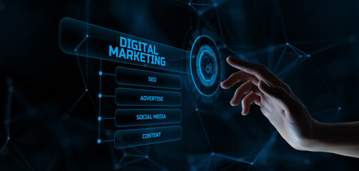 DIgital marketing online internet SEO SEM SMM. Hand pressing button on screen.
