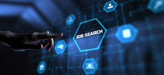Job Search Send CV Recruitment Hearing Employment. Hand pressing button on screen.