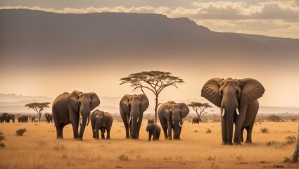 A photograph of a family of elephants in their natural savannah habitat.