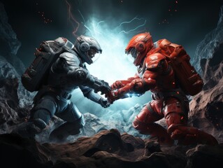 A red and a blue astronaut fighting stance on the moon, cinematic lighting