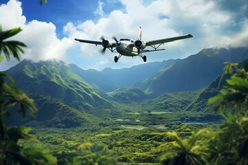Fototapeta na wymiar Plane flies over picturesque tropical scenery. Generative AI