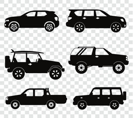 Black Silhouette of modern city cars isolated on transparent grid.