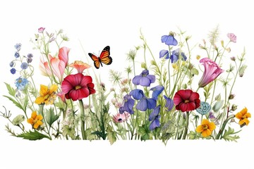 Vibrant border with herbs, wild flowers, leaves, butterfly on white. Botanical spring illustration. Generative AI