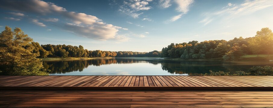 Lakeside wooden deck with a clear sky.
