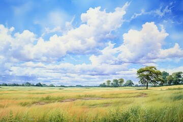 A4 portrait watercolor of blue sky and grassland. Generative AI