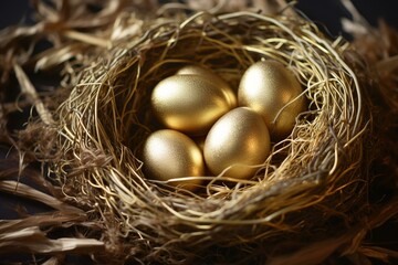 A unique golden egg among ordinary eggs in a bird's nest. Generative AI