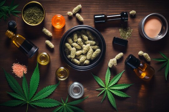 Medical marijuana products seen from above, including CBD and HHC oil capsules and balm, accompanied by cannabis plant. Generative AI