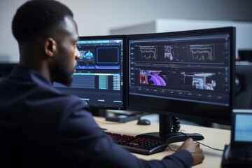 African American man programmer studying analyzing data exploring. Businessman worker IT technologies processing computer statistics working information graph neural networks sitting monitor indoors.