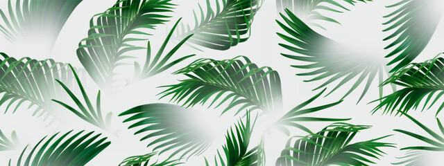 Vector pattern with palm and banana leaves. Seamless background of jungle and tropics in the fog. Selective focus.