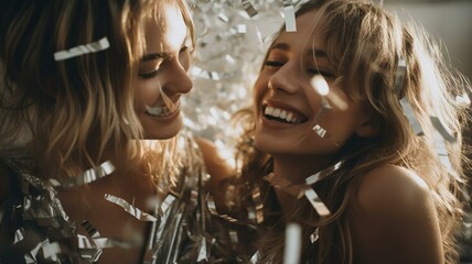 Two woman surrounded by silver confetti