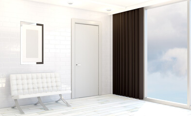 Open space office interior with like conference room. Mockup. 3D rendering.. Mockup.   Empty paintings