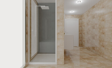 Clean and fresh bathroom with natural light. 3D rendering.