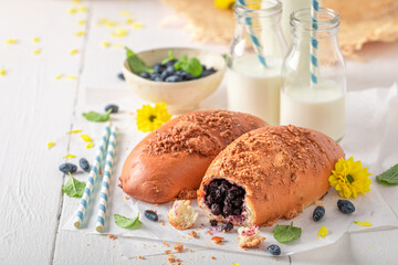 Delicious Jagodzianka cake served with milk in summer.