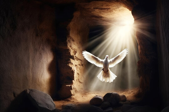 White Dove Flying from Stone Tomb in Light Rays. Resurrection of Jesus Christ Concept