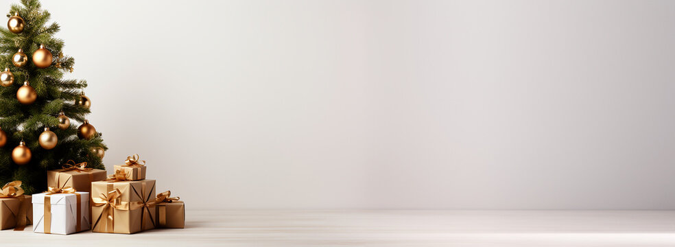  Arbol Navidad  y regalos - Colores dorado lujo - Mockup banner web navidad - Fondo elegante blanco