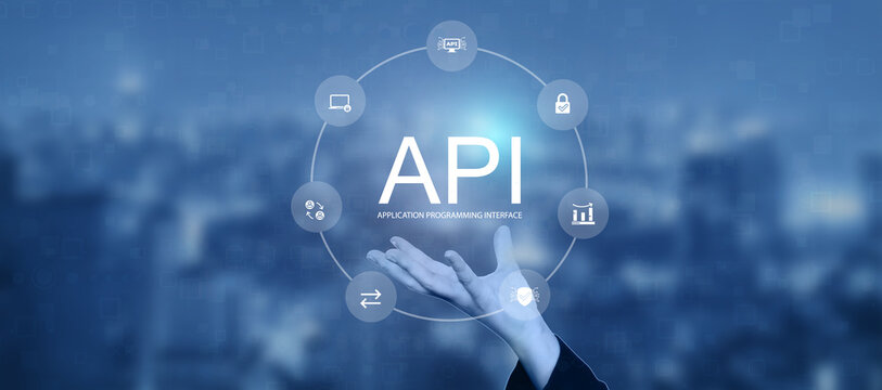 Application Programming Interface (API) on blue background. Software development tool, information technology, modern technology, internet.	