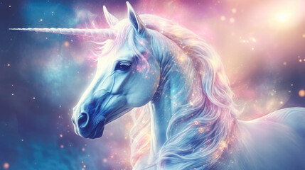 Obraz na płótnie Canvas Magic White Unicorn Horse Portrait, Space Scenery