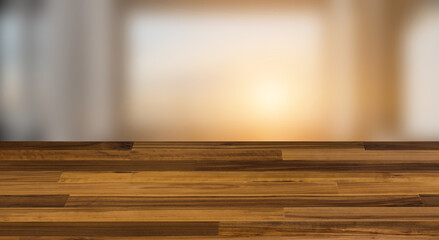 Modern meeting room. 3D rendering. Sunset., Background with empty wooden table. Flooring.