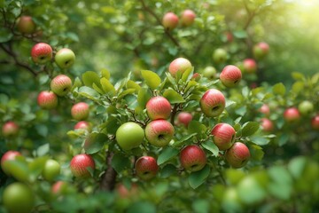 Obraz premium Ripe juicy red apples. Dwarf trees. Apple tree in old orchard. Close up photo