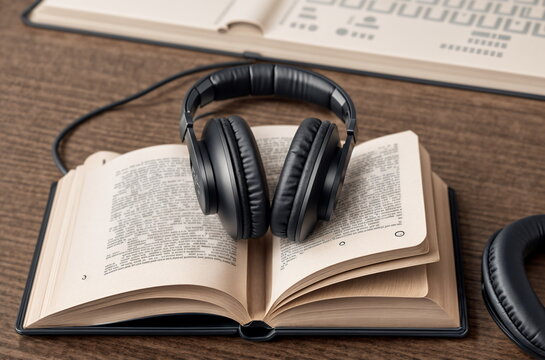 Literary Escape: Headphones Resting on an Open Book on Wooden Table