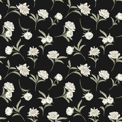 Fototapeta premium White pastel peony seamless pattern. Hand drawn blooming floral background. Soft tones