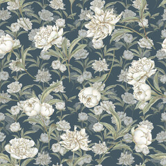 White pastel peony seamless pattern. Hand drawn blooming floral background. Soft tones © inna72