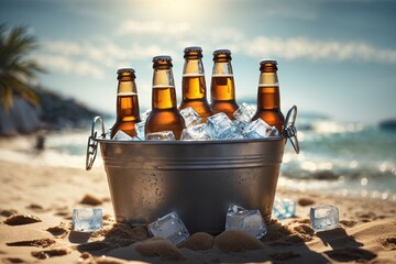 Green beer bottles in ice bucket on summer beach - obrazy, fototapety, plakaty