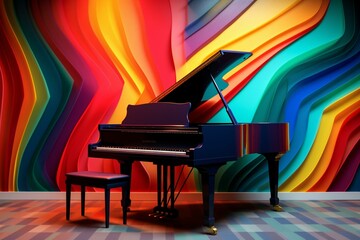 A vibrant and abstract wallpaper featuring a piano keyboard. Generative AI